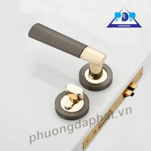 Khóa cửa mang dáng vẻ hiện đại với sự kết hợp giữa màu vàng bóng và xám tạo sự thanh lịch cho tổng thể.