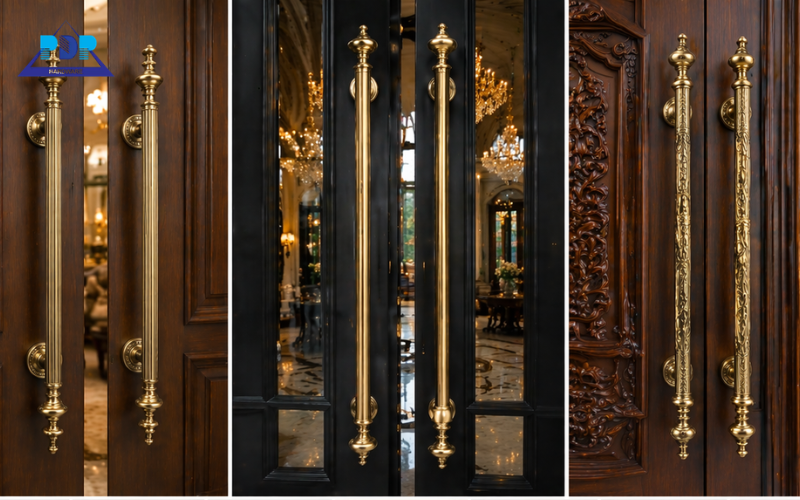 Tay nắm cửa bằng đồng chạm khắc hoa văn