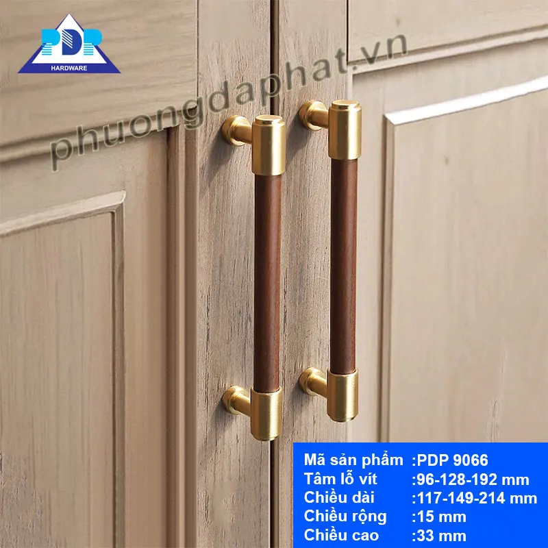 Tay Nắm Tủ Gỗ Óc Chó PDP9066 — Thân Gỗ Tự Nhiên Phối Hợp Kim Vàng Xước Tay nắm tủ gỗ óc chó PDP9066